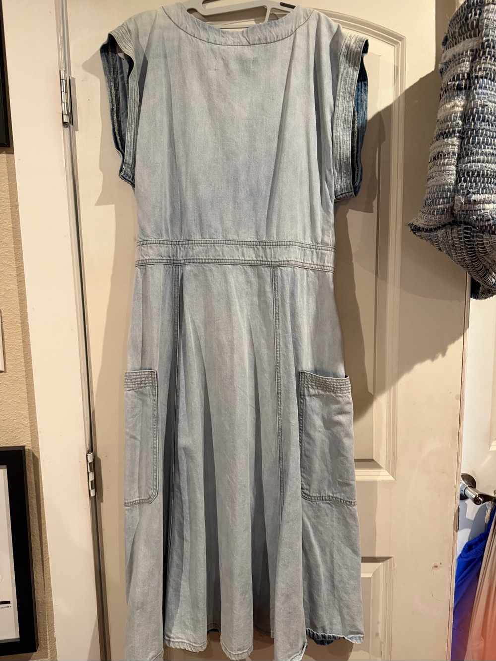 Light Blue Denim Midi Dress with Patch Pockets